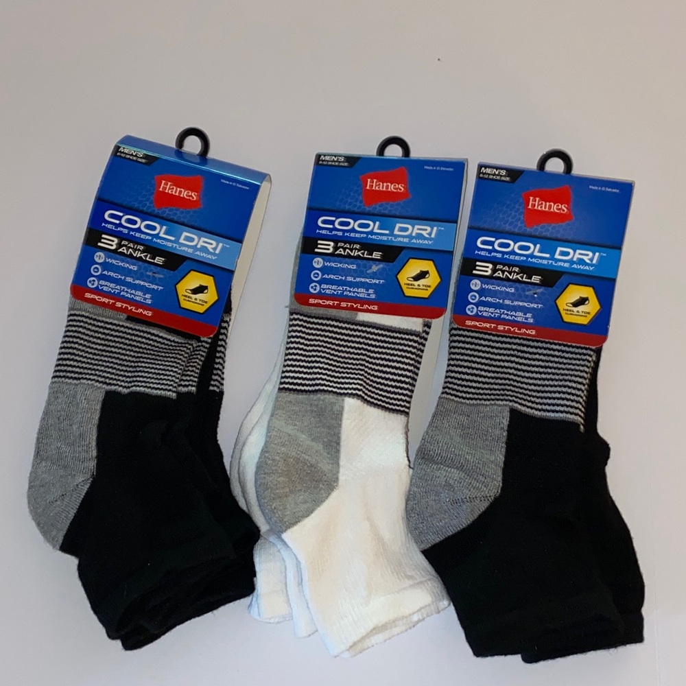 NWT Hanes Mens Lot of 3 Cool Dri 3 Pair in Each Pack Ankle Sicks Size 6-12